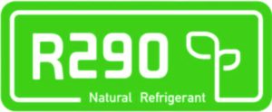 Green label with R290 Natural Refrigerant and a simple plant icon, highlighting Midea air conditioning for environmentally friendly heating and cooling solutions.