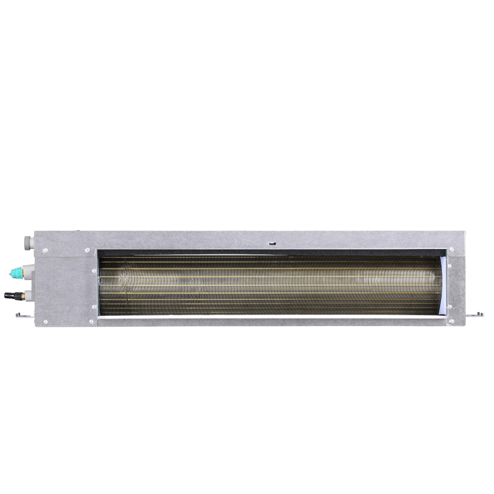 Rectangular metal air conditioning duct unit with exposed coil and wiring connections, viewed from the front against a white background.