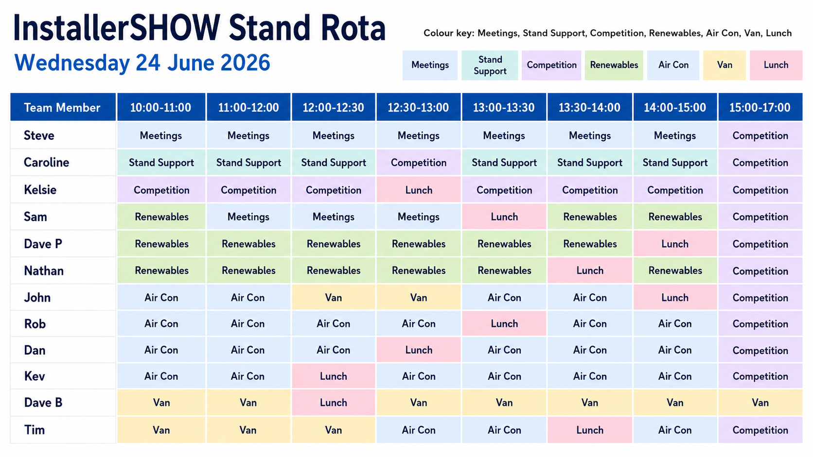 InstallerSHOW stand rota for Wednesday 24 June 2026, showing team members assigned to tasks in hourly slots: meetings, stand support, competition, renewables, air con, van, and lunch.