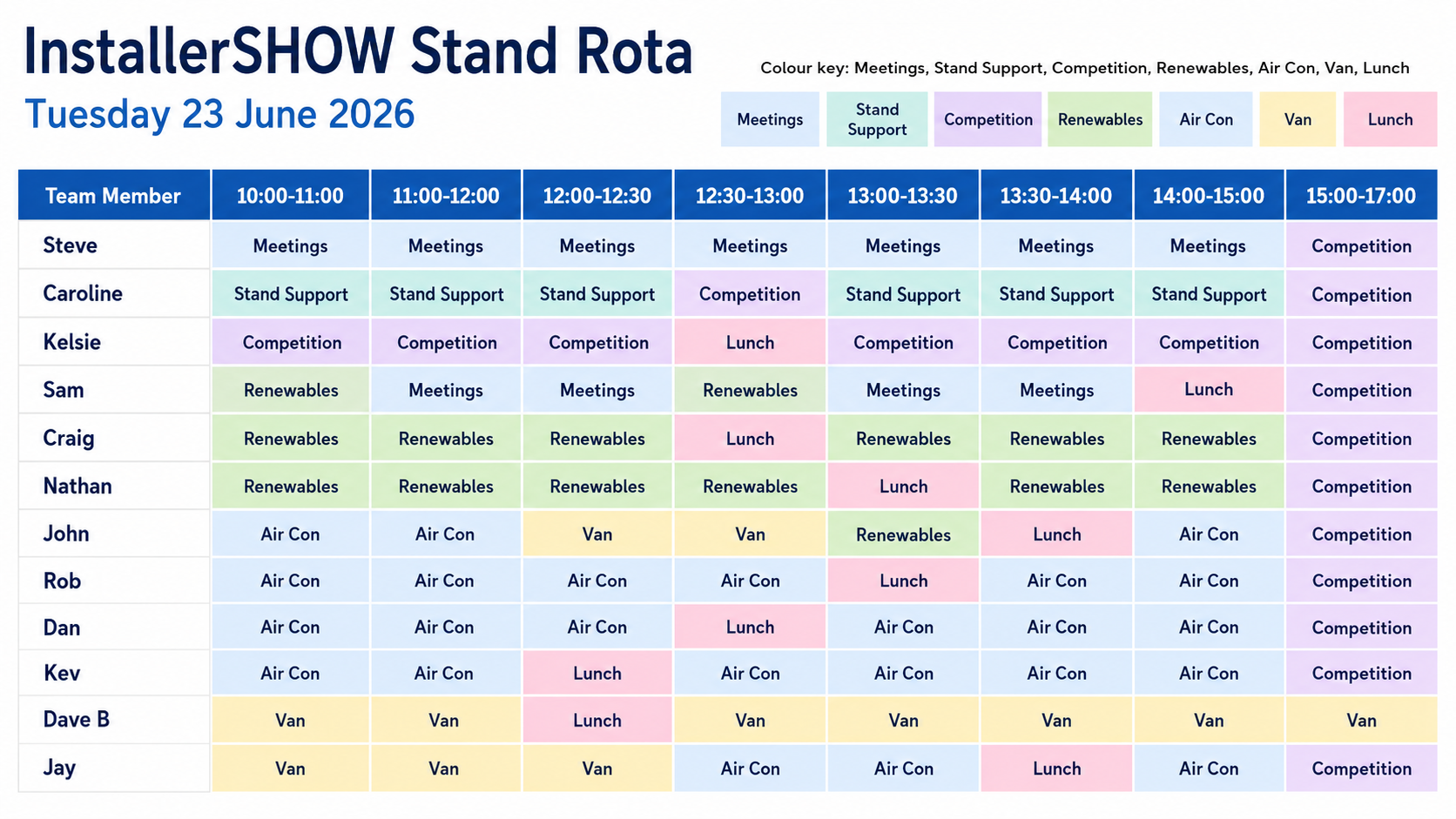 A timetable showing the InstallerSHOW Stand Rota for Tuesday 23 June 2026, listing team members and their shifts in meetings, stand support, competition, renewables, air con, and van roles.