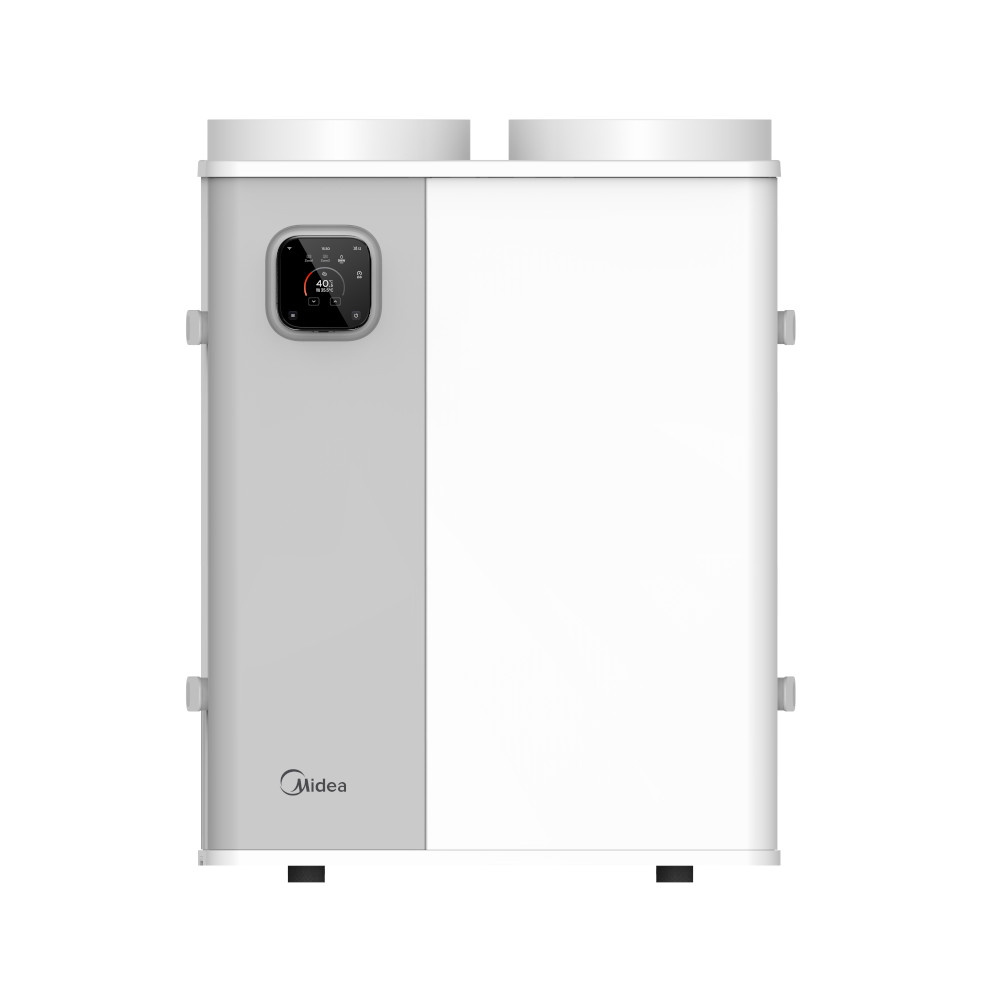 Front view of a white and gray Midea indoor heat pump appliance with two circular vents on top and a digital control panel on the left side.