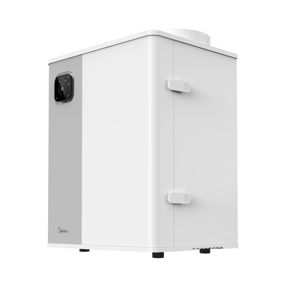 A white and gray rectangular Hybrid Heat Pump appliance with a control panel on the side, two protruding handles, and short legs, photographed against a plain background.