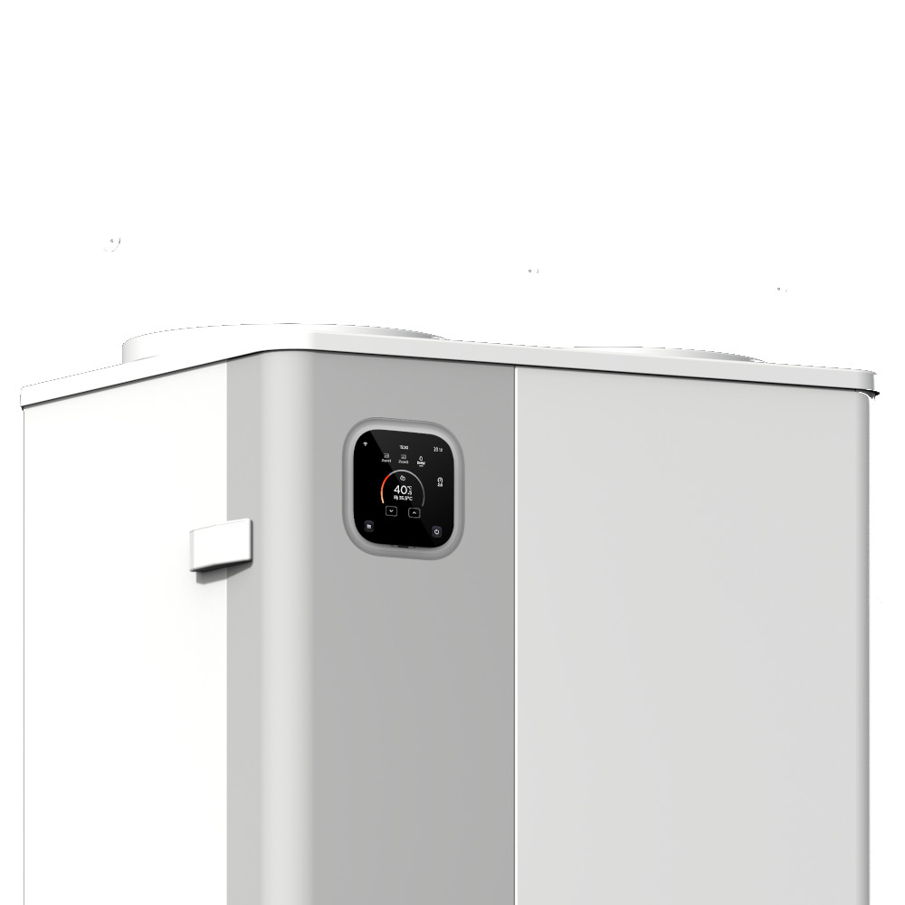 A modern white hybrid heat pump appliance with a digital display panel showing settings, viewed from an angle against a plain background.
