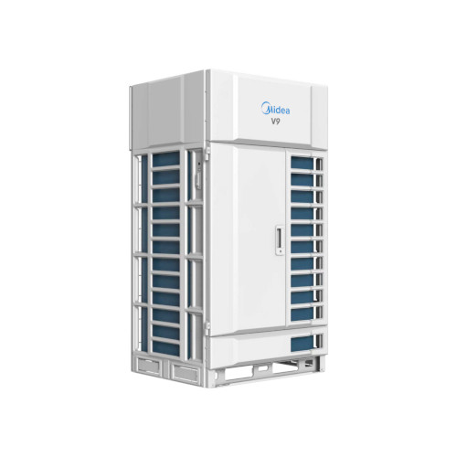 A large, rectangular Midea V9 outdoor HVAC unit with metal grilles and a white casing, set against a solid blue background.