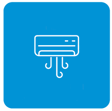 White line drawing of a wall-mounted air conditioner blowing air, centered on a blue square background.