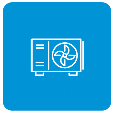 White line drawing of an HVAC or air conditioning unit with a fan, centered on a blue square background with rounded corners.