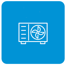 White outline of an air conditioning unit with a fan on a blue square background.