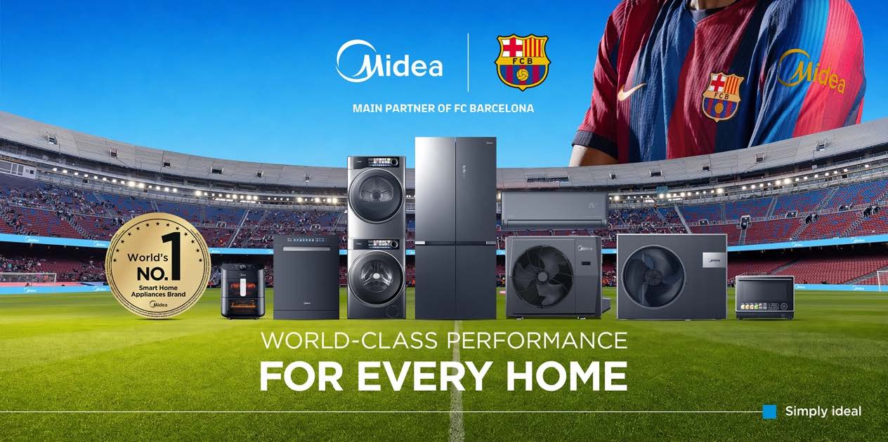 A lineup of Midea home appliances is displayed on a football field with FC Barcelona branding and partnership logos in the background.