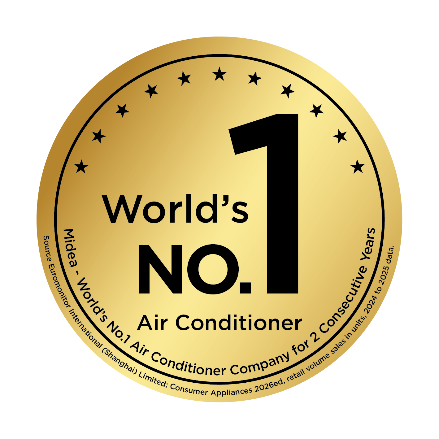Gold circular seal stating Midea is the world’s No. 1 air conditioning company for two consecutive years, based on Euromonitor International data.